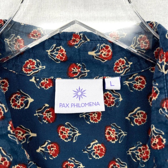 PAX PHILOMENA Shirt Men Button up Large Blue Block Print Maximillian Long Sleeve - Picture 9 of 12